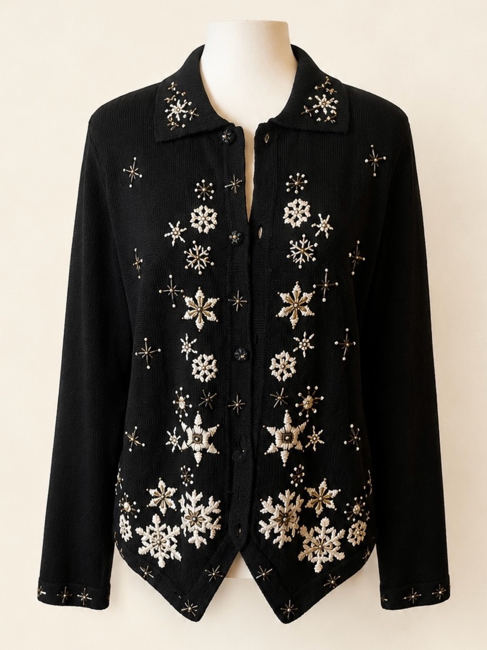 Vintage Black Beaded Snowflake Cardigan • Pearl & Gold Embroidery • M